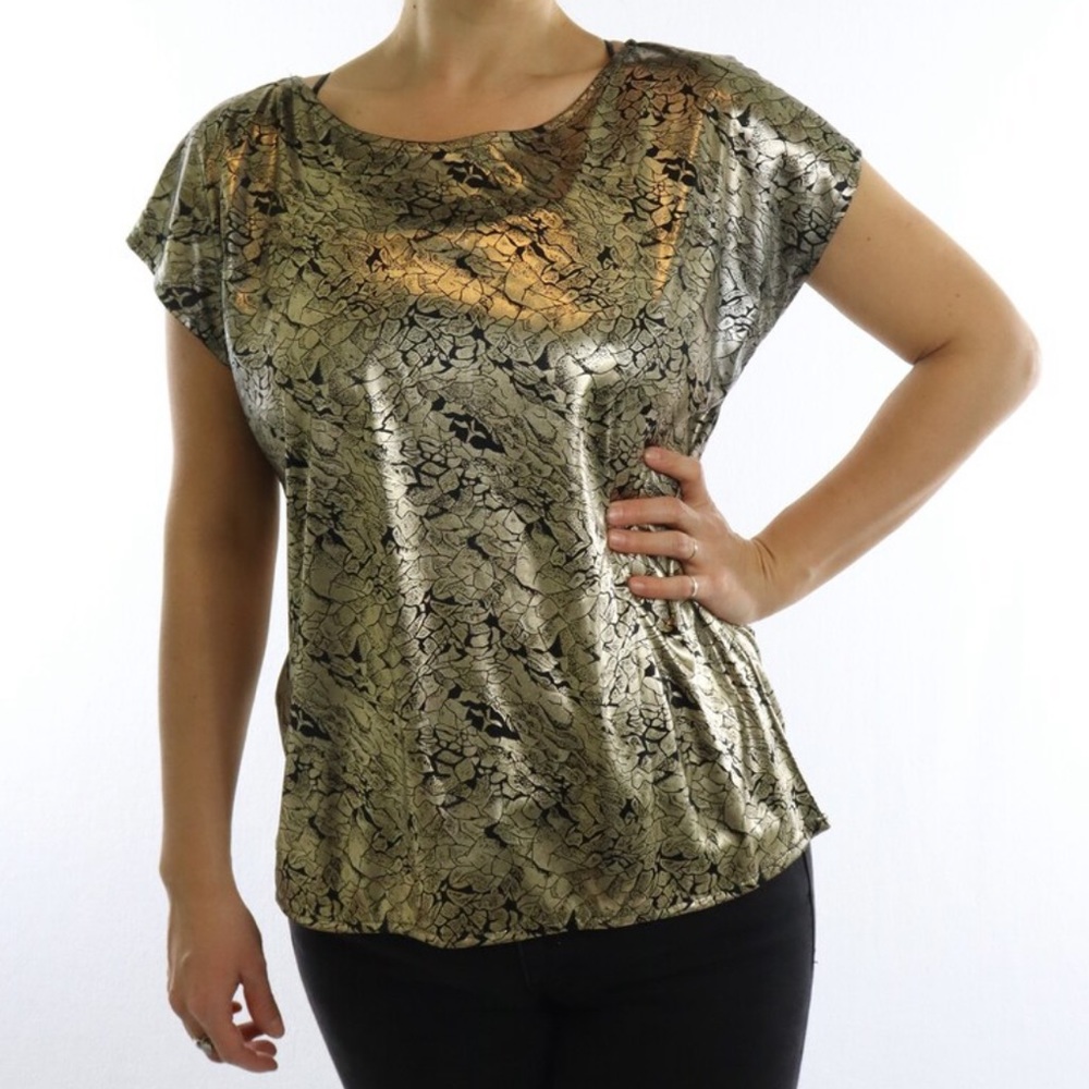 Vintage Joanna 80s Disco Metallic Shimmer Blouse Size M Gold Black Floral
